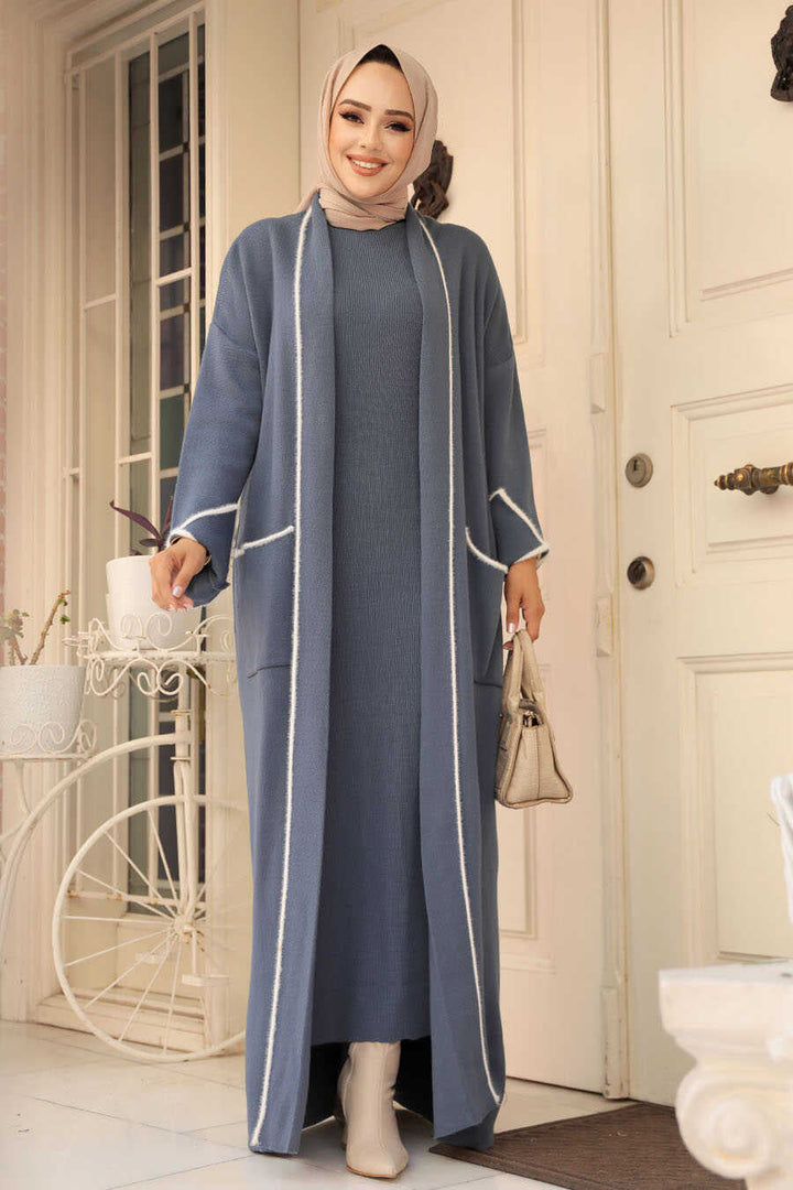 Gray Sweater Dress Abaya Set - One Size S-XL