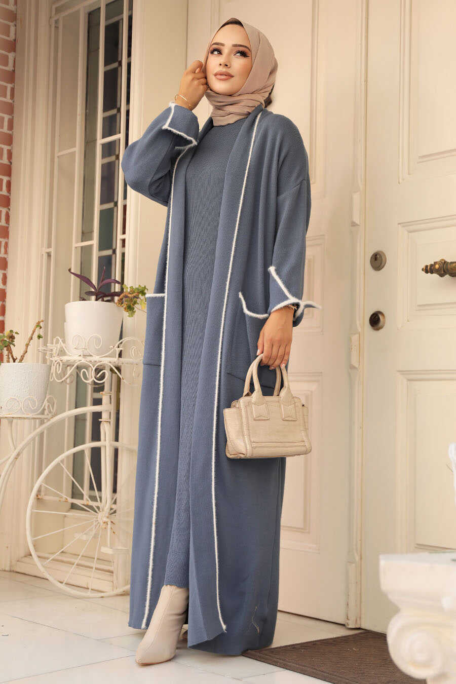 Gray Sweater Dress Abaya Set - One Size S-XL