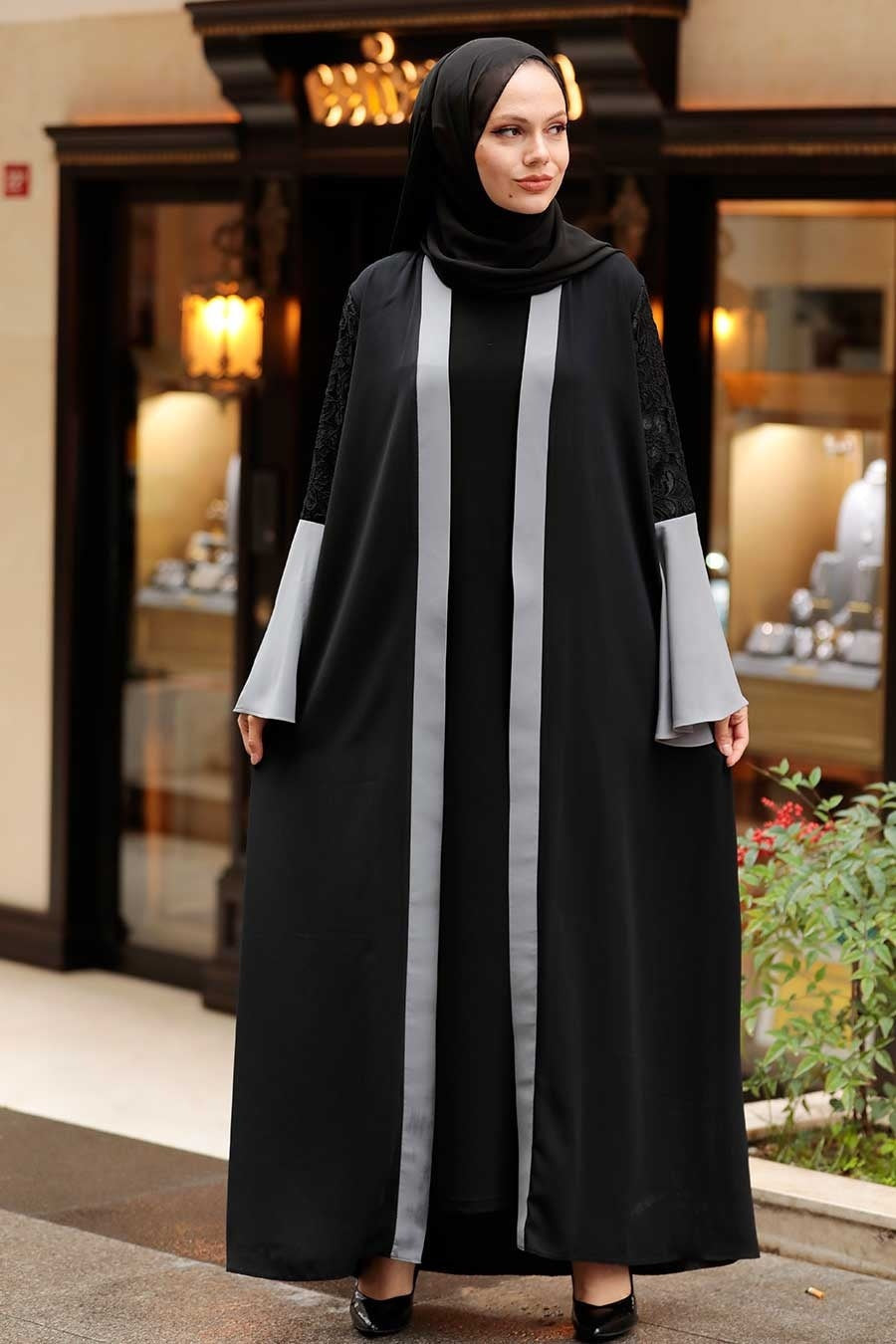 Gray Trim Lace Open Abaya - Abayas