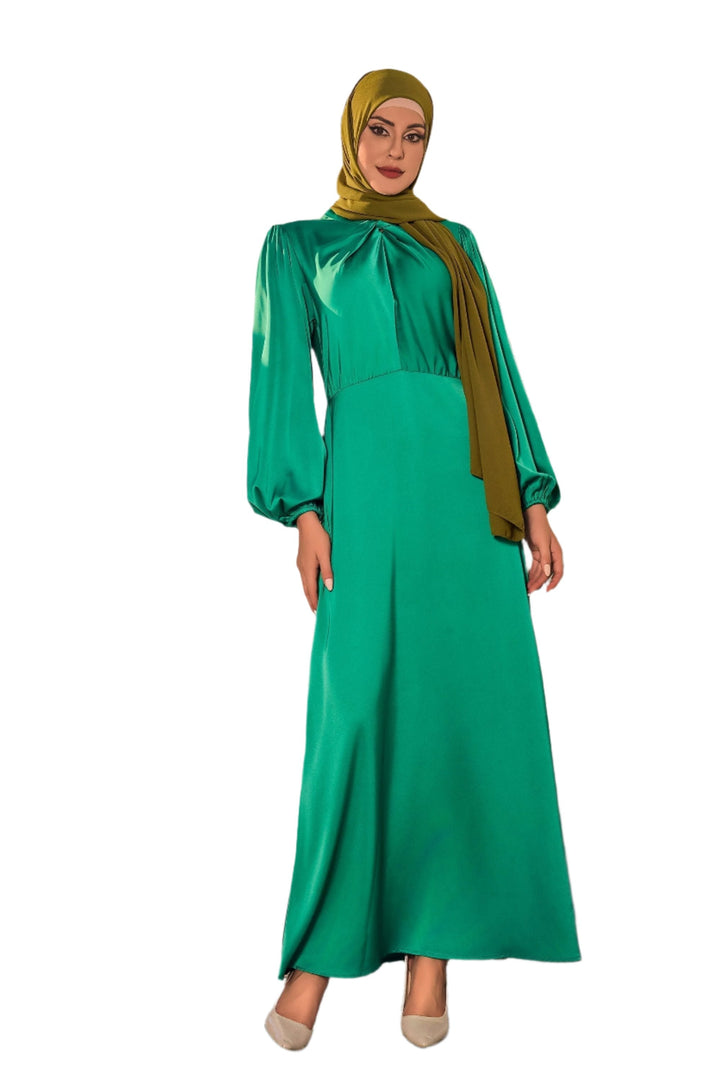 Green Knot Criss Cross Satin Dress with Hijab showcasing elegant modest fashion