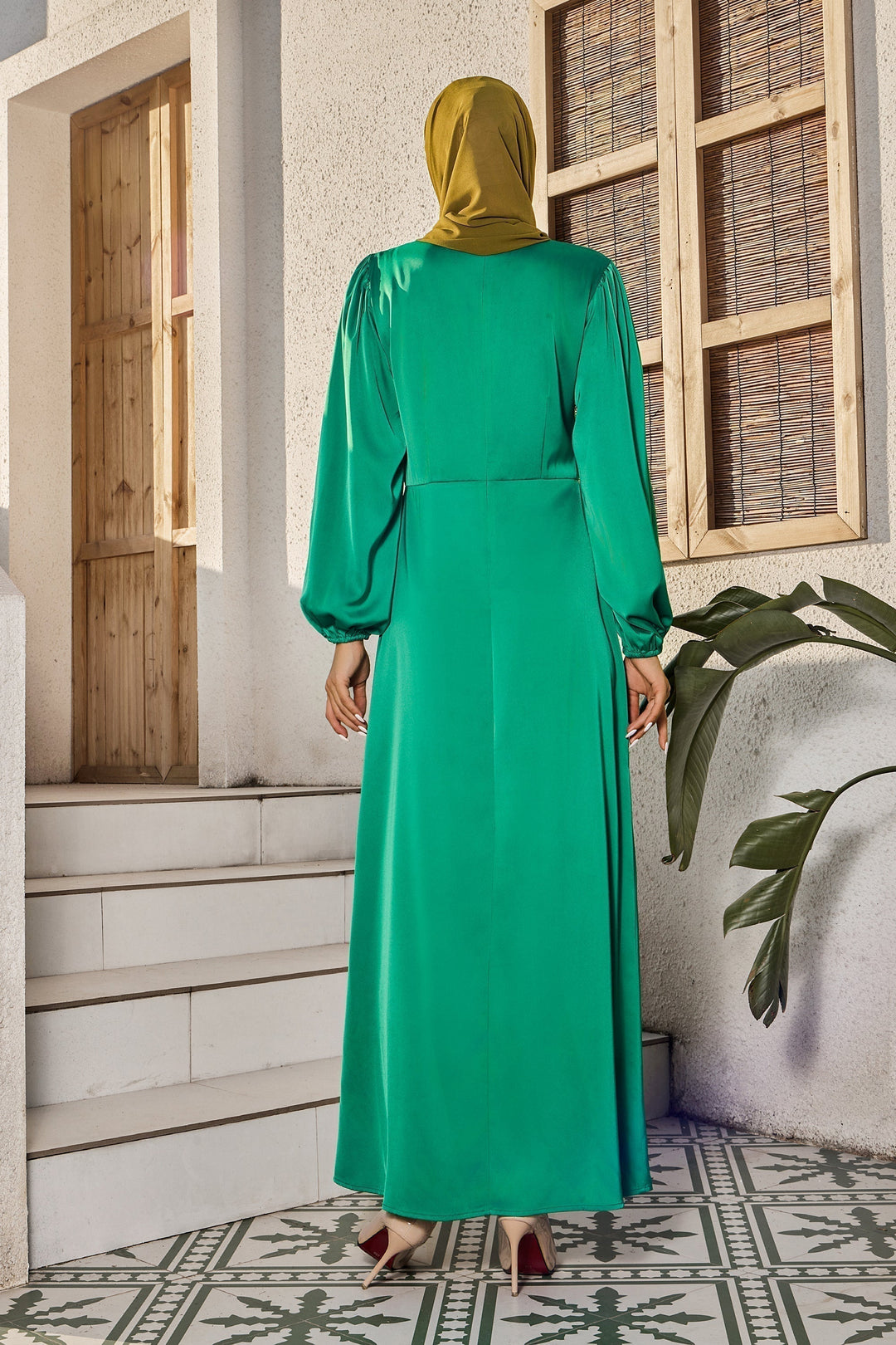 Green Knot Criss Cross Satin Dress with hijab, perfect for elegant occasions