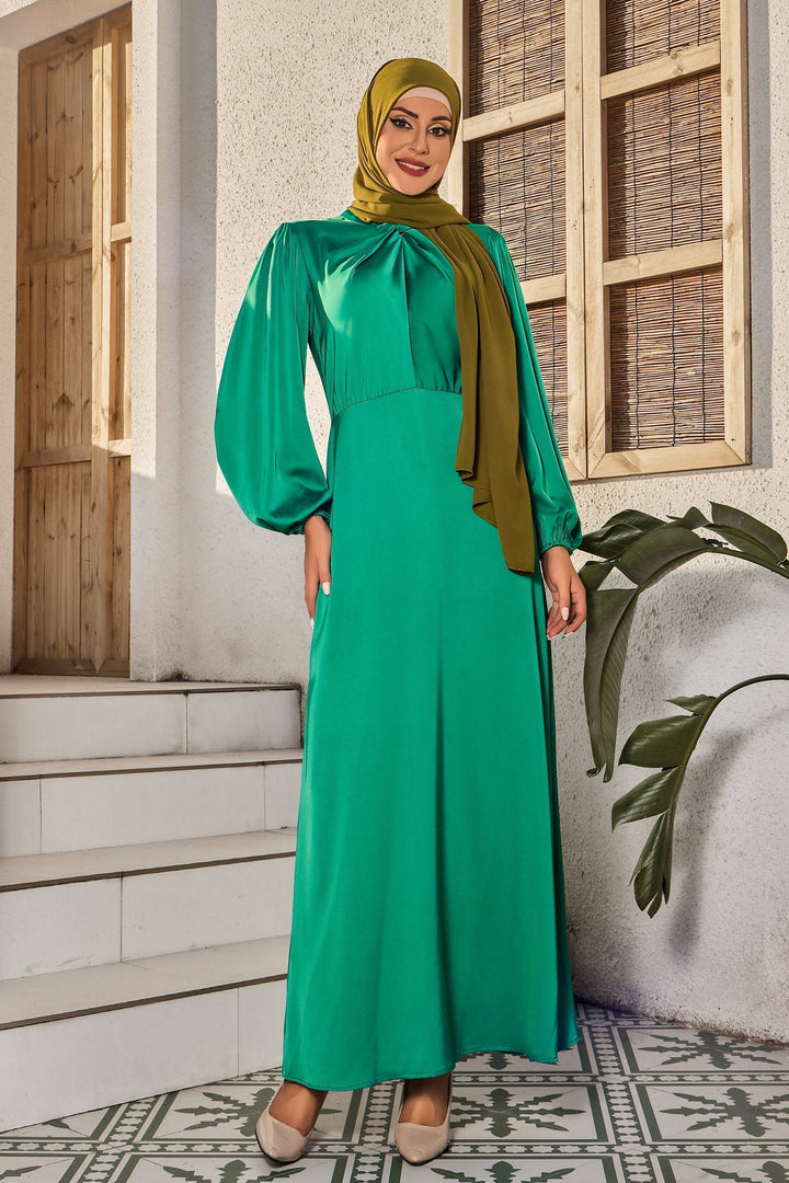 Elegant green knot criss cross satin dress with matching hijab on clearance