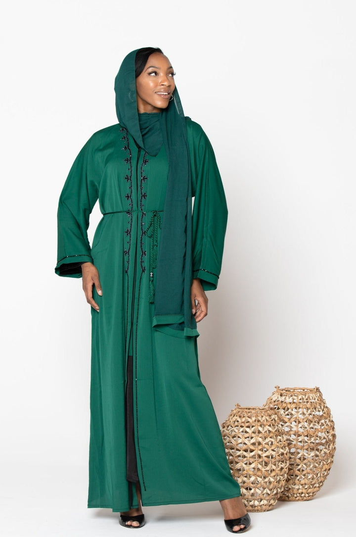 Green Sequin Open Front Abaya