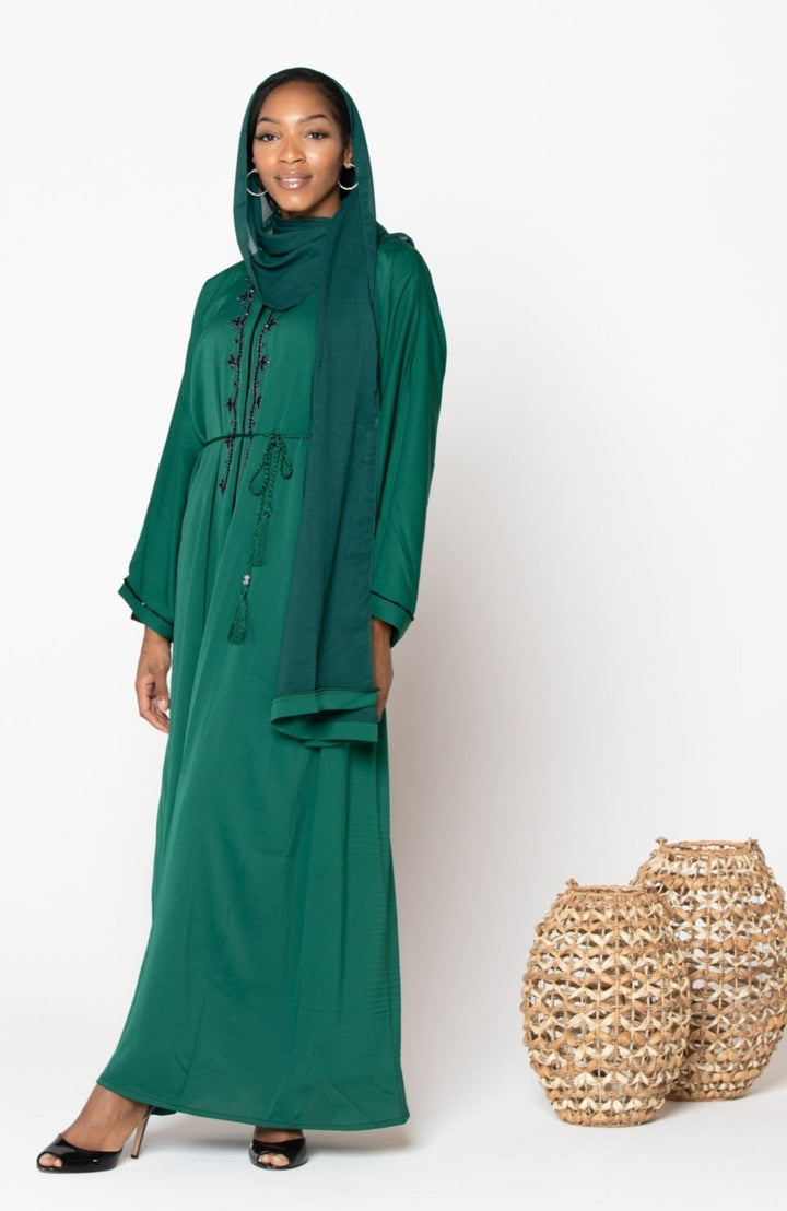 Green Sequin Open Front Abaya