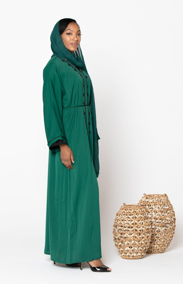 Green Sequin Open Front Abaya