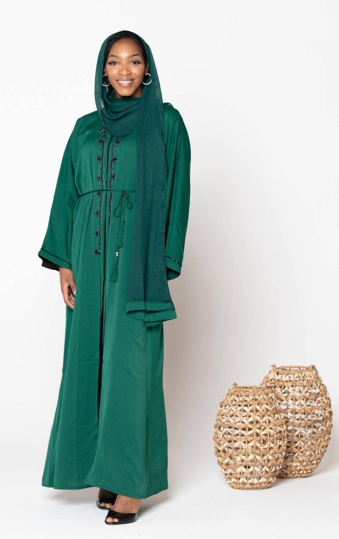 Green Sequin Open Front Abaya