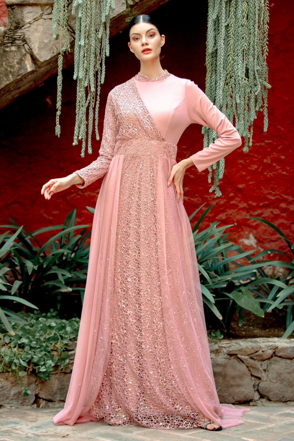 Elegant pink Hayati Lace With Chiffon Overlay Gown for evening events