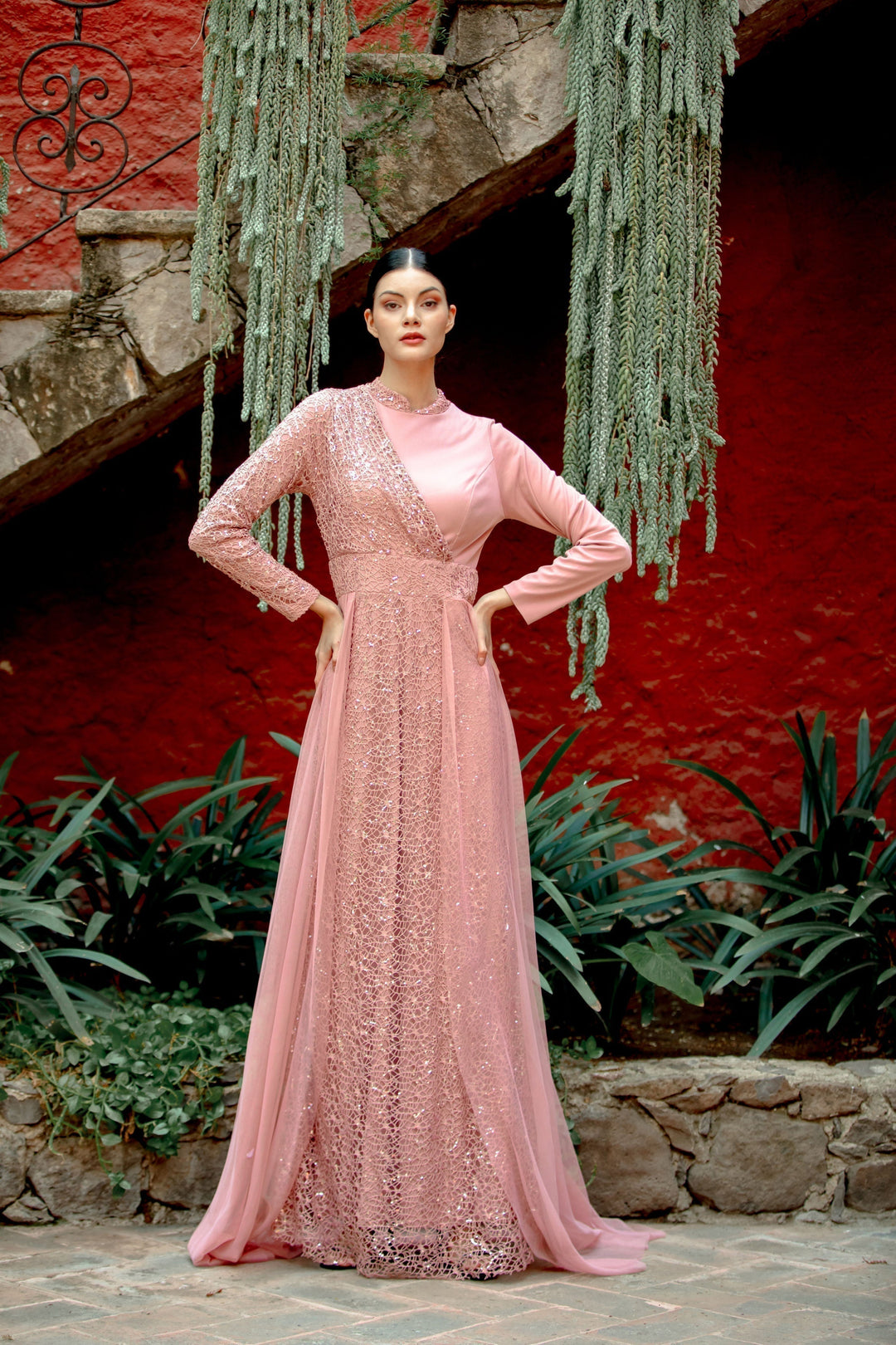 Elegant pink gown featuring Hayati Lace with a stylish chiffon overlay