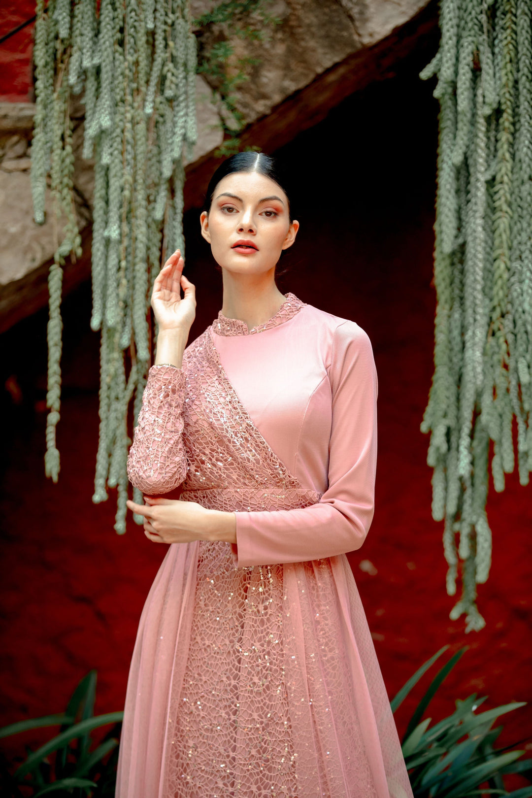 Elegant pink Hayati Lace with Chiffon Overlay Gown perfect for special occasions