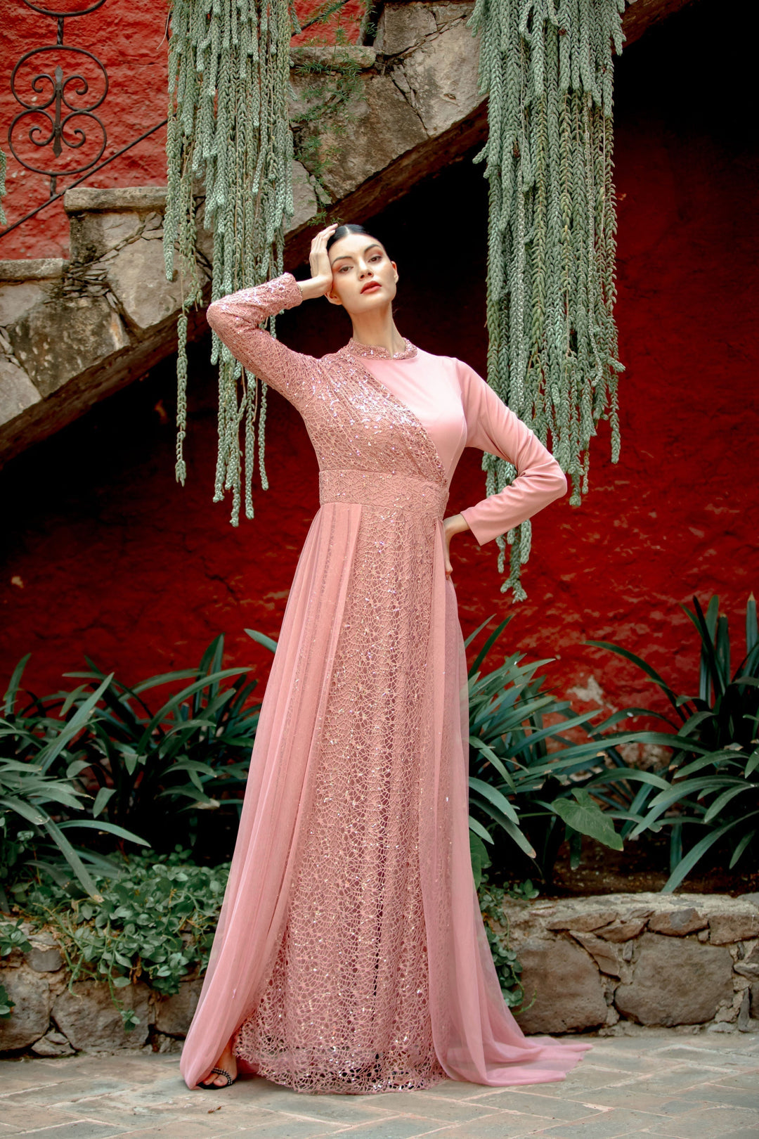 Elegant Pink Hayati Lace Gown with Chiffon Overlay for sophisticated occasions