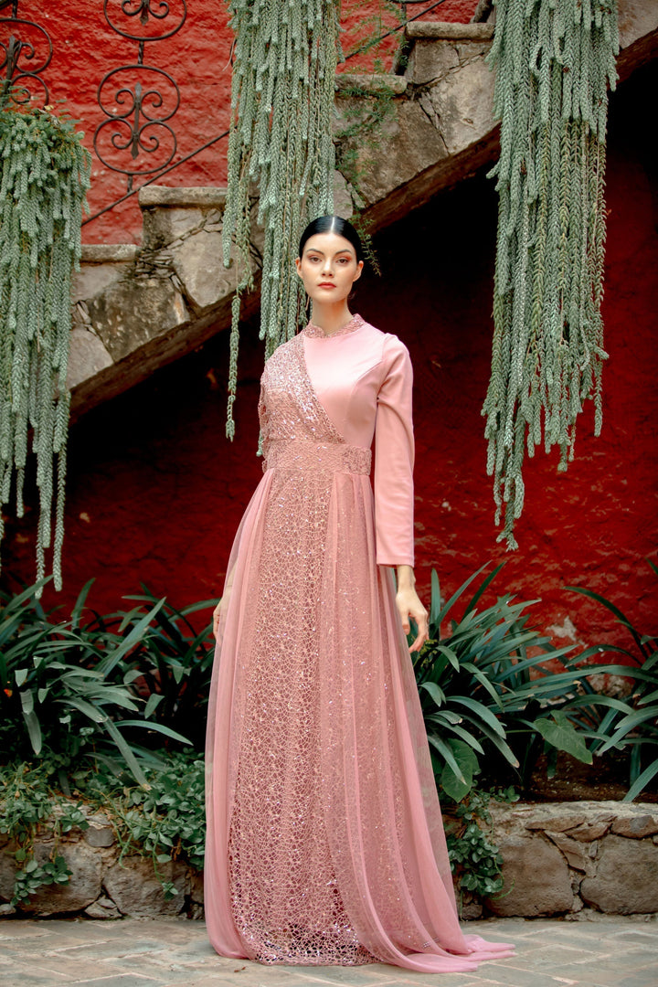 Elegant pink Hayati Lace chiffon overlay gown perfect for formal occasions