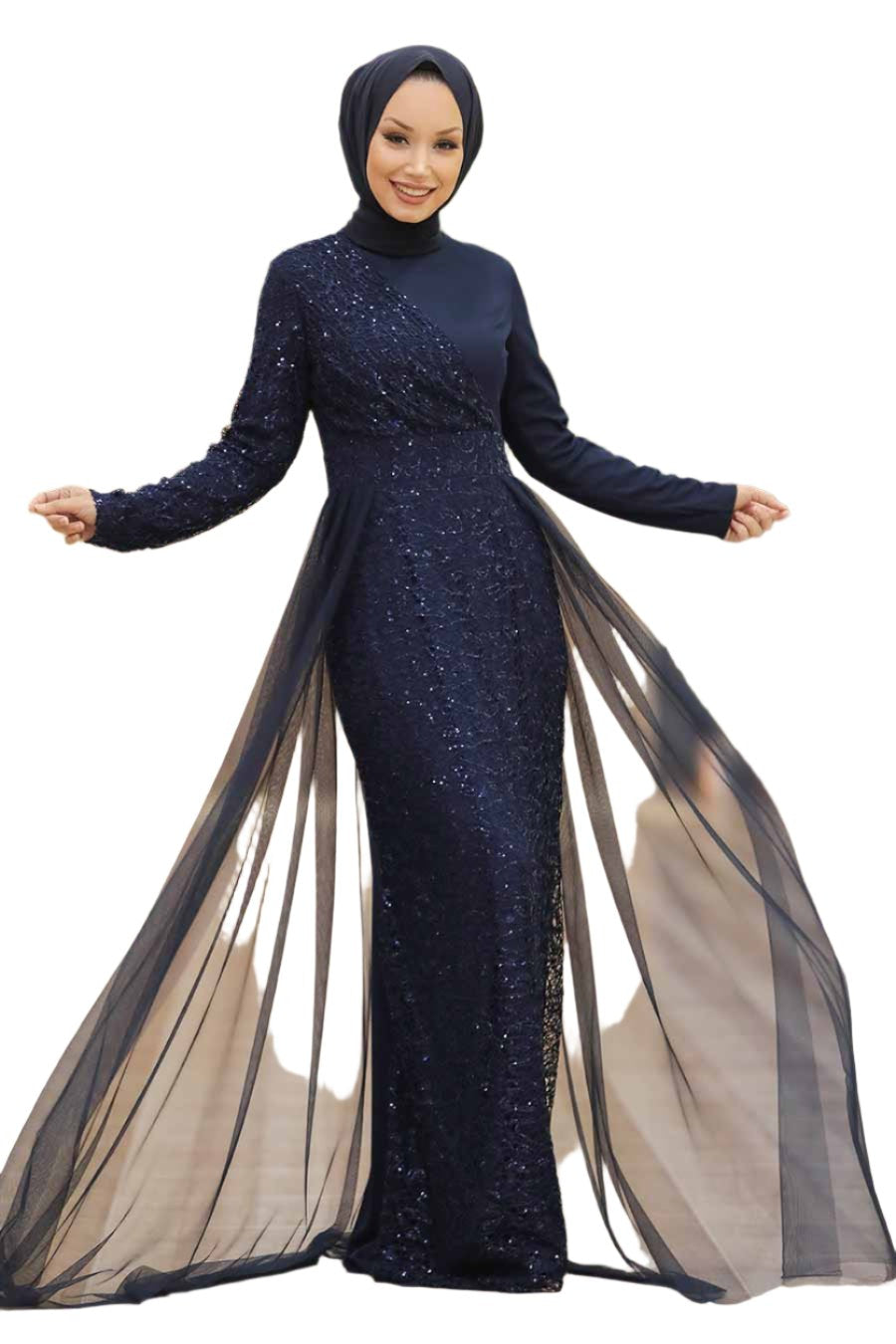 Elegant navy blue Hayati Lace gown with chiffon overlay and flowing train