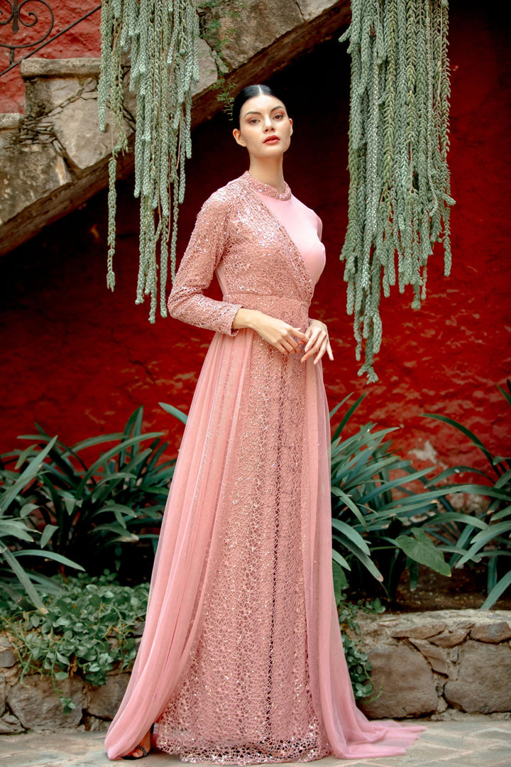 Elegant pink Hayati Lace gown with chiffon overlay, perfect for special occasions