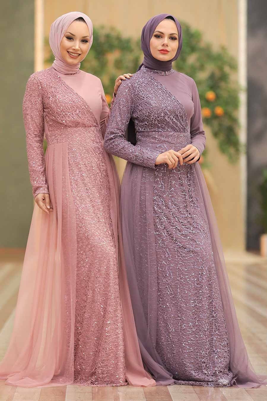 Two women wearing Hayati Lace with Chiffon Overlay Gowns and stylish headscarves