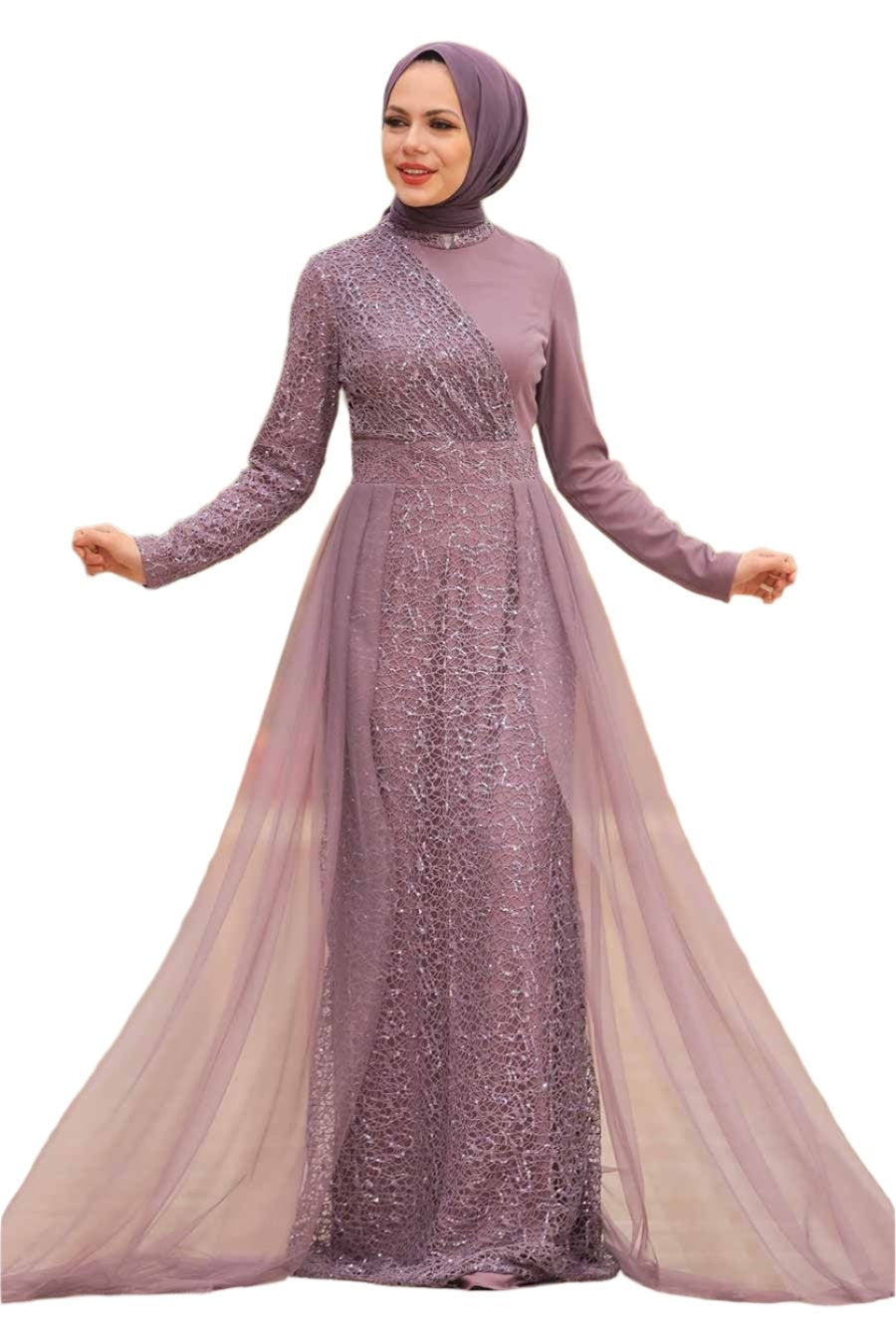 Lavender modest dress with train featuring Hayati Lace and chiffon overlay design