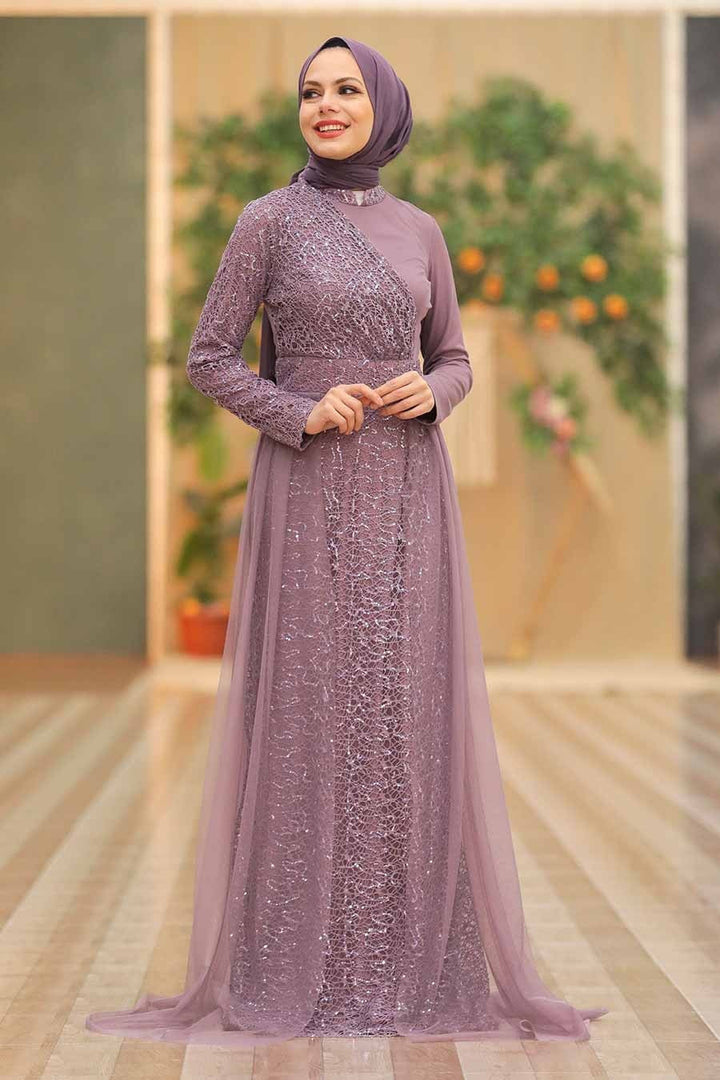 Elegant Lavender Hayati Lace Chiffon Overlay Gown with Hijab, Perfect for Formal Events