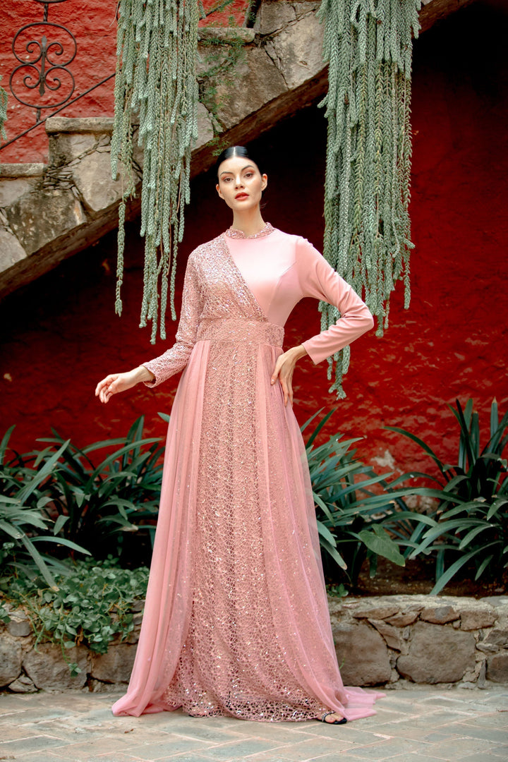 Elegant pink Hayati Lace with Chiffon Overlay Gown for special occasions