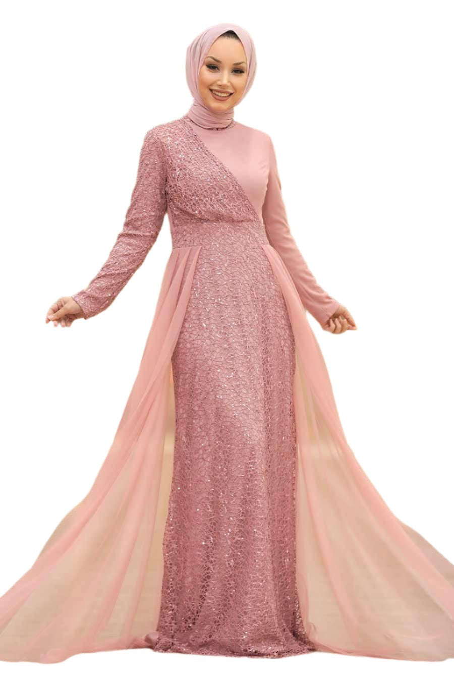 Elegant pink Hayati Lace with chiffon overlay gown featuring a stylish hijab