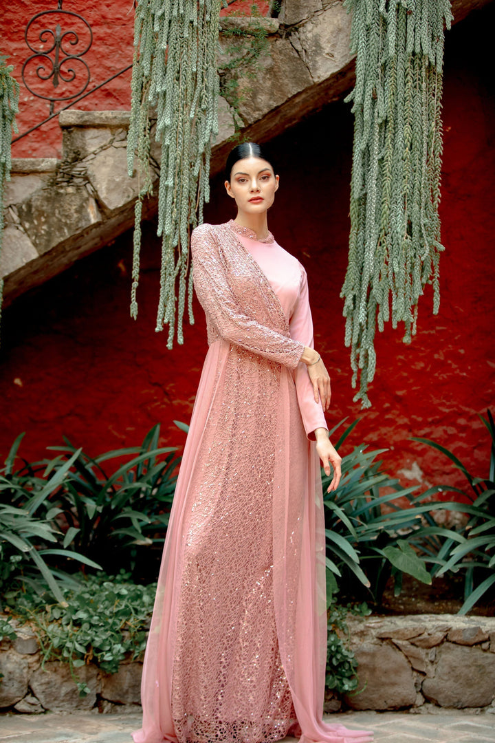 Elegant Pink Hayati Lace With Chiffon Overlay Gown for Stunning Occasions