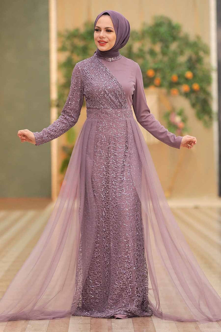 Elegant Lavender Hayati Lace Gown with Chiffon Overlay and Styled Hijab