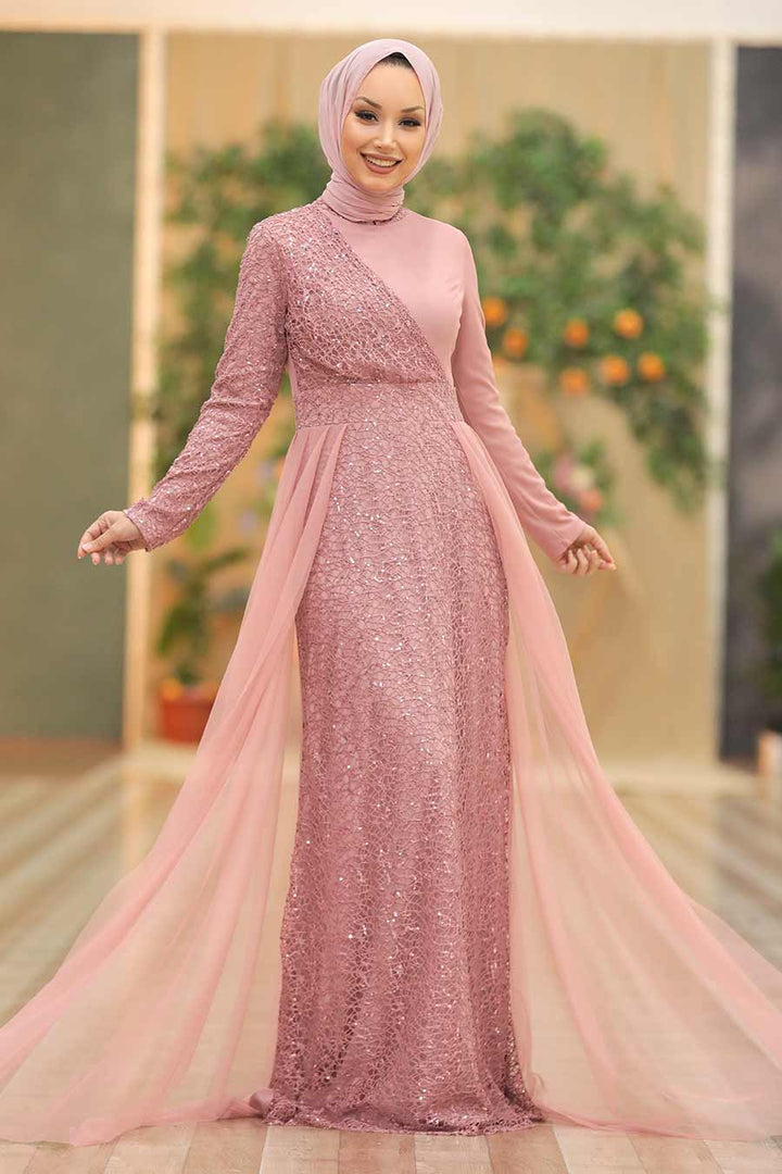 Elegant pink Hayati Lace gown with chiffon overlay and matching hijab for a stylish look