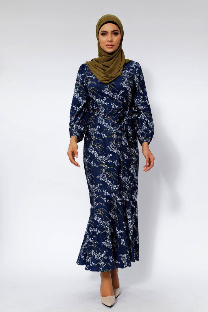 Heavenly Blue Floral Ruffle Faux Wrap Maxi Dress with hijab and floral print design