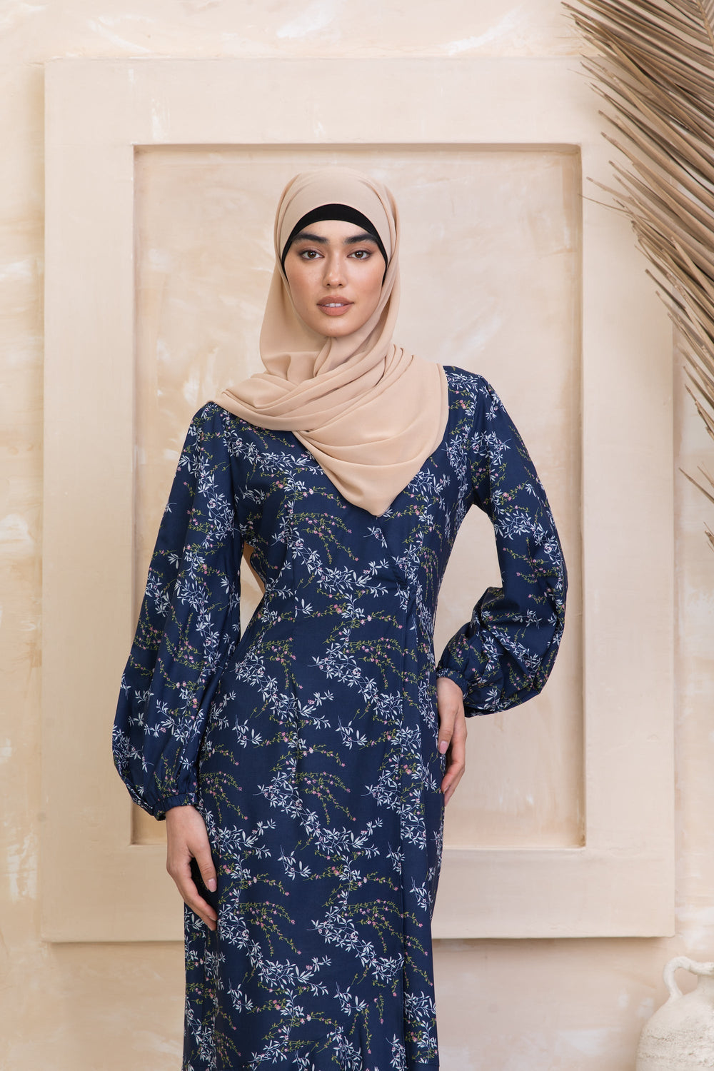 Floral print long-sleeved dress with hijab, Heavenly Blue Floral Ruffle Maxi Dress