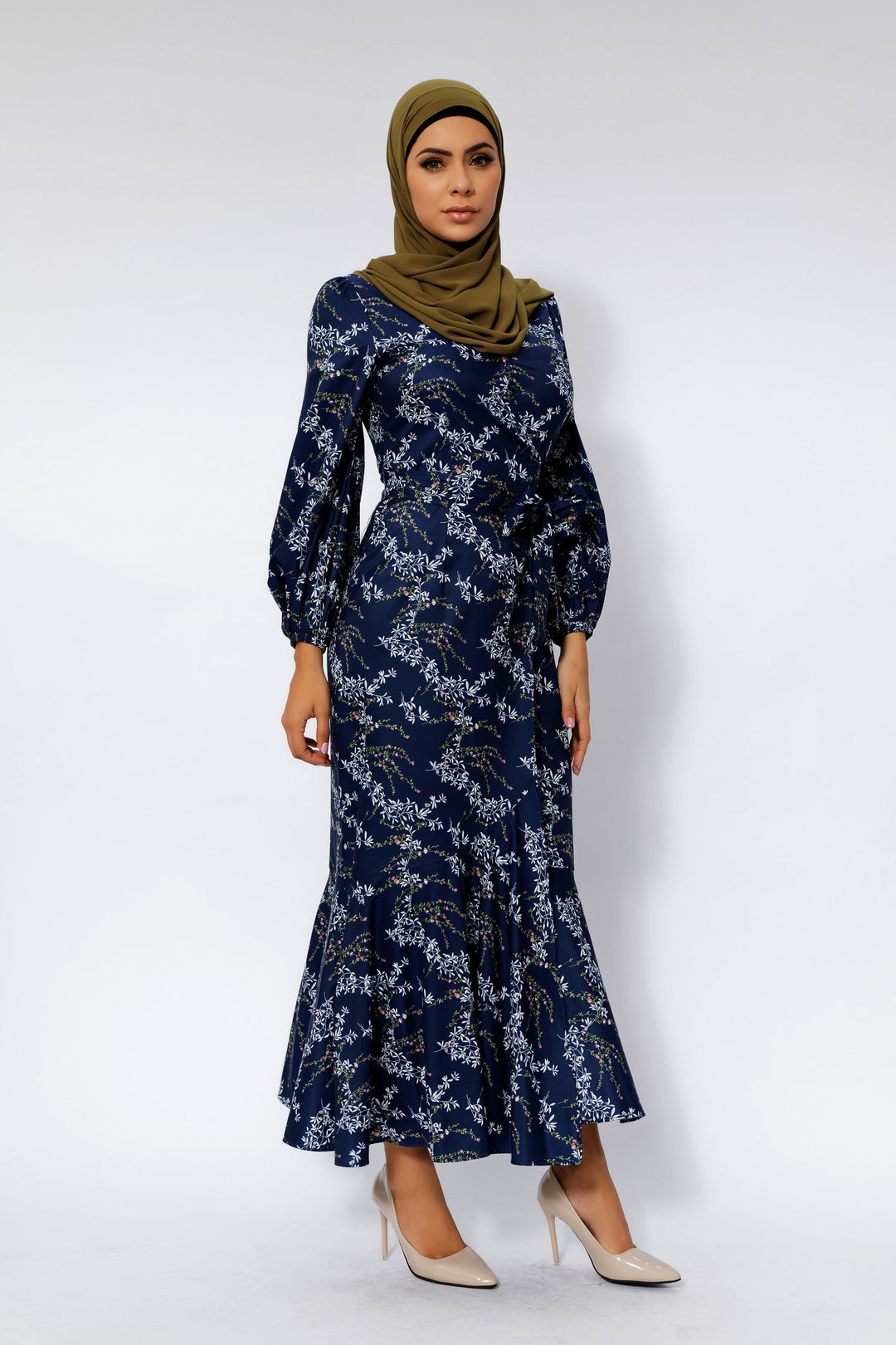 Woman in a Hijab Wearing a Heavenly Blue Floral Ruffle Faux Wrap Maxi Dress