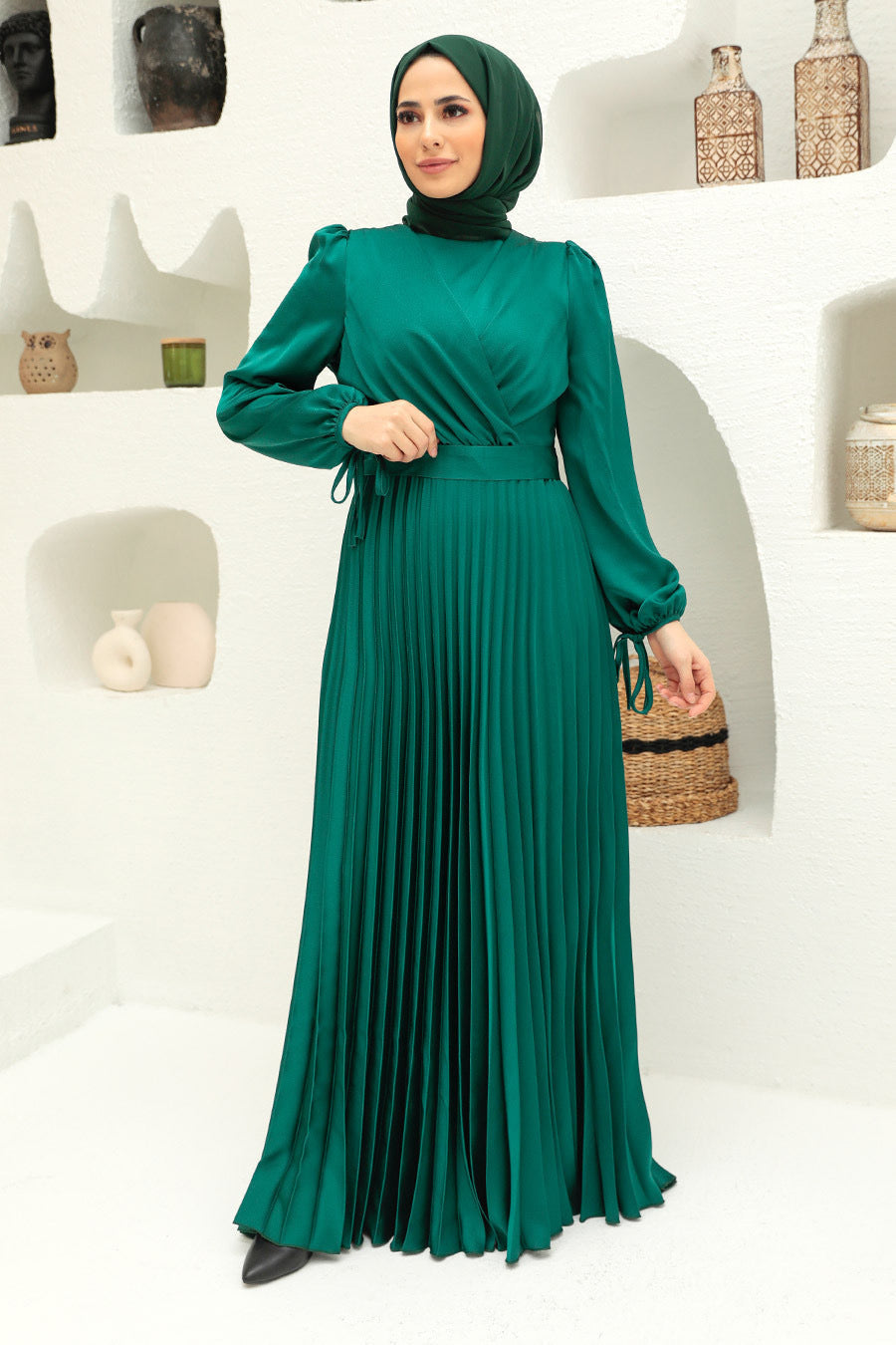 Emerald Green Pleated Maxi Dress with Hijab in Hunter Green Criss Cross Pleated Satin Gown