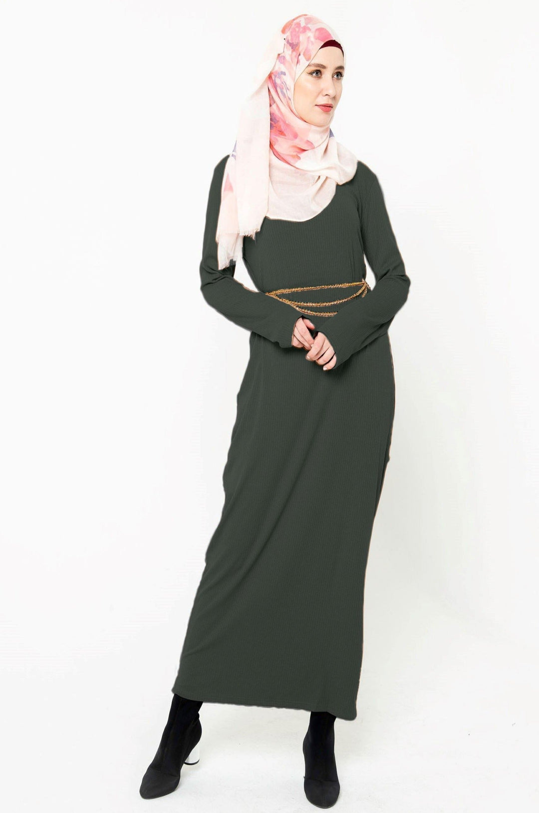 Olive green ribbed long sleeve maxi dress with pink floral hijab styling