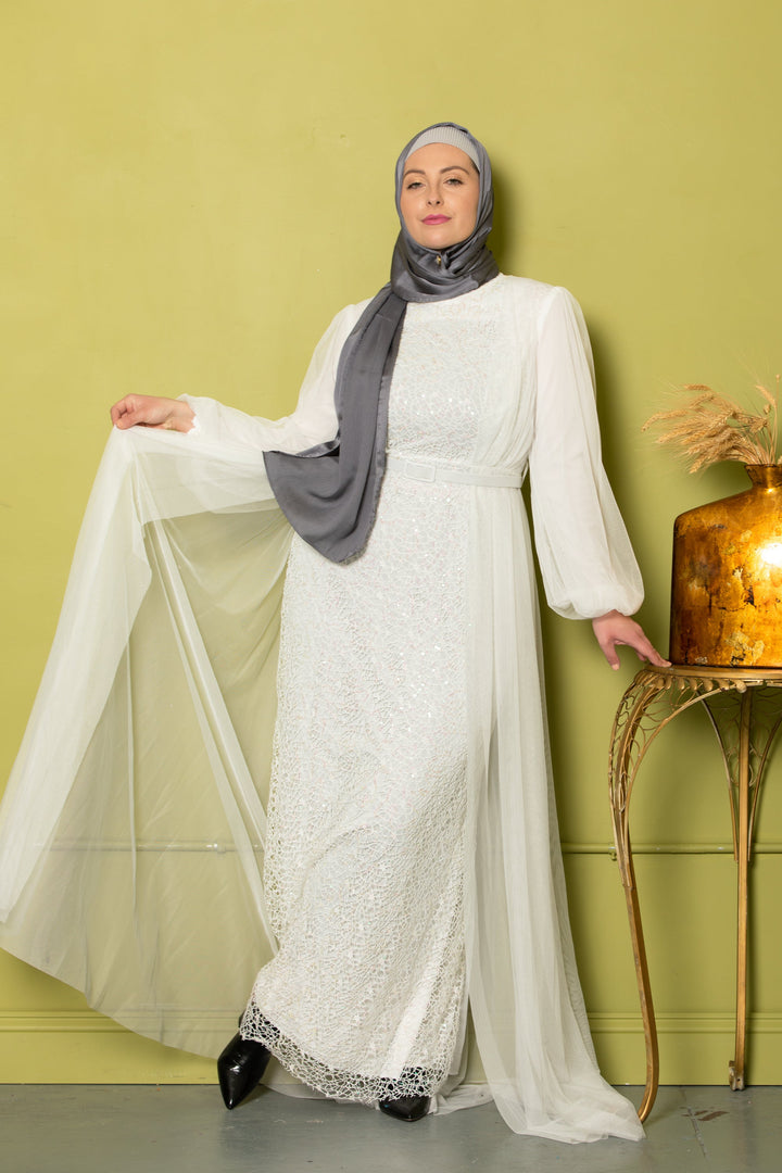 Elegant Ivory Lace with Chiffon Overlay Gown and gray hijab for modest fashion