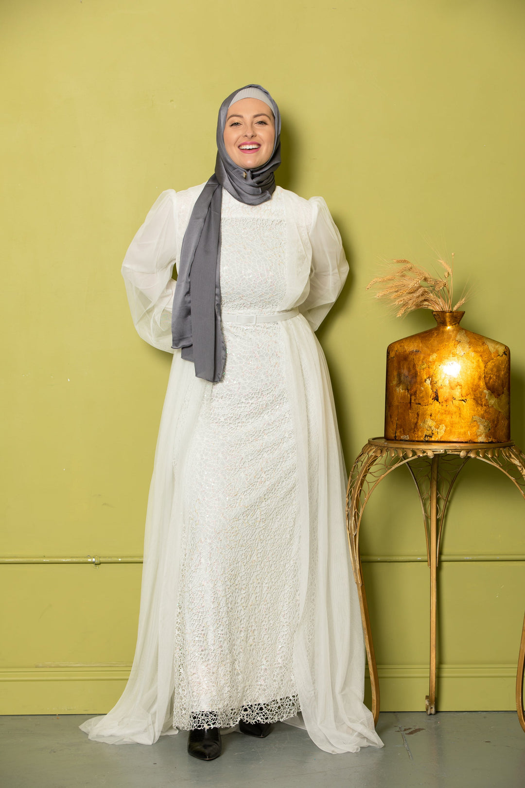 Elegant white modest chiffon overlay gown with gray hijab in ivory lace design