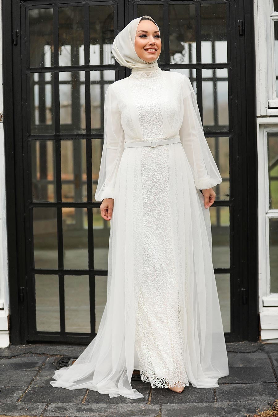 Elegant Ivory Lace with Chiffon Overlay Gown for a modest wedding dress look