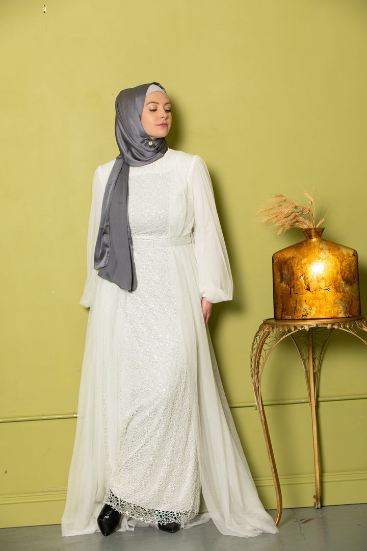 Elegant white modest dress with gray hijab featuring an Ivory Lace Chiffon Overlay Gown