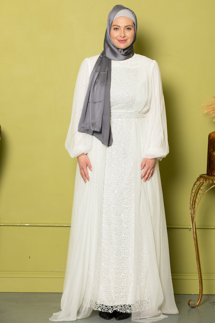 Elegant white modest Ivory Lace with Chiffon Overlay Gown paired with gray hijab