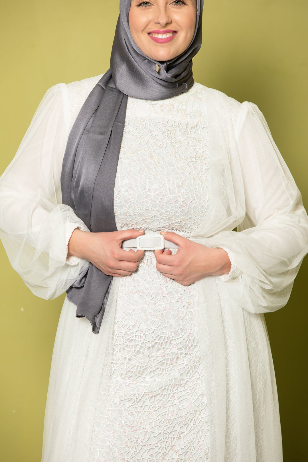 Elegant Ivory Lace with Chiffon Overlay Gown paired with a Gray Hijab for a stylish look