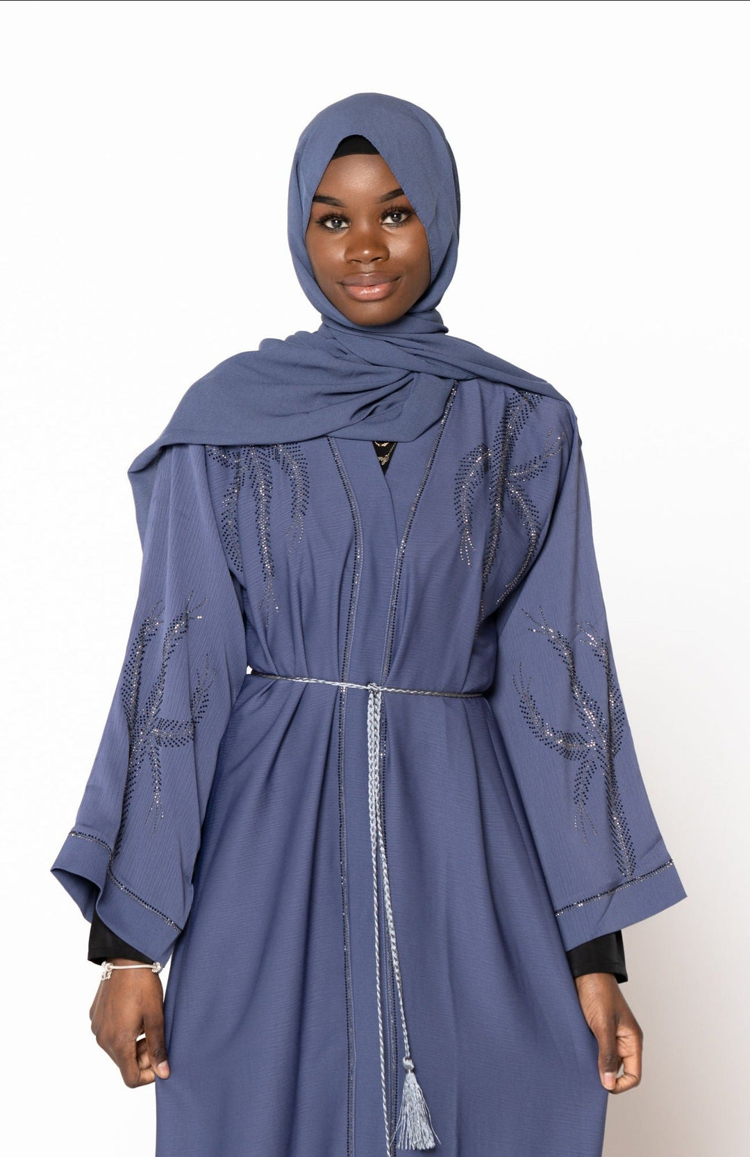 Blue Jamilah Sequin Open Front Abaya with elegant silver embellishments