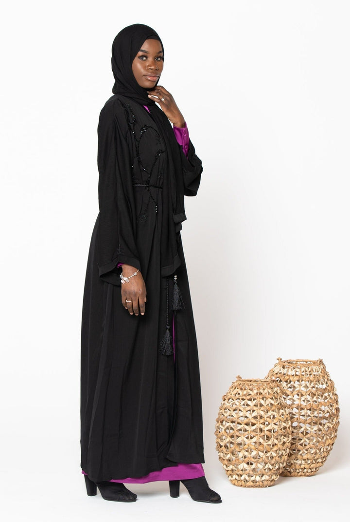 Black Abaya with purple accents from Jamilah Sequin Open Front Abaya collection