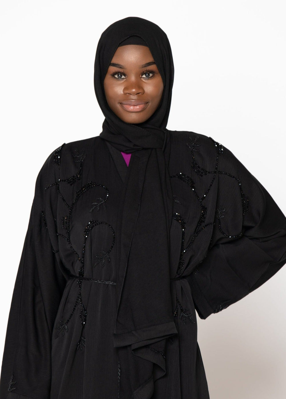 Black Jamilah Sequin Open Front Abaya with elegant beaded embellishments