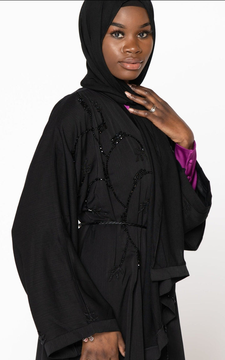 Elegant Black Embellished Abaya - Jamilah Sequin Open Front Design