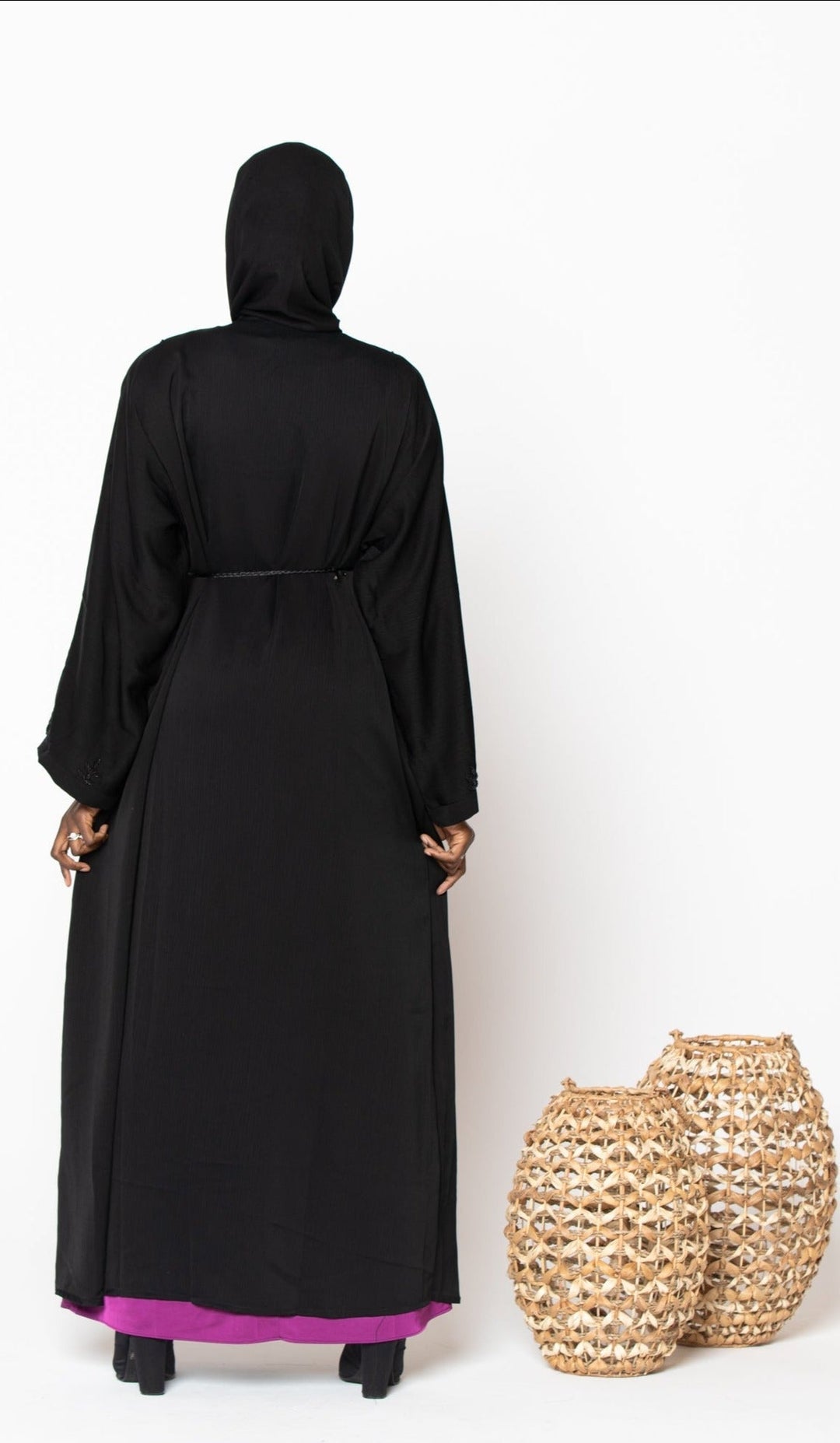 Black Hooded Abaya with Magenta Lining - Jamilah Sequin Open Front Abaya