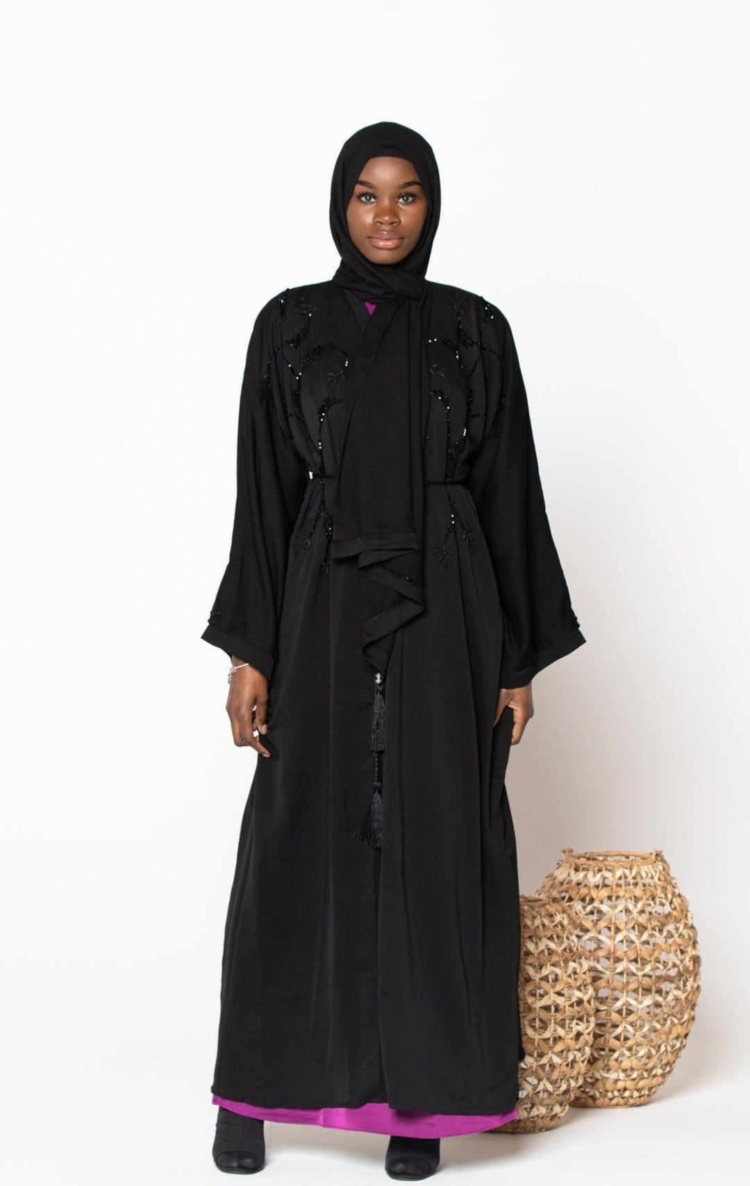 Black Jamilah Sequin Open Front Abaya with hood and pink trim for stylish modest wear