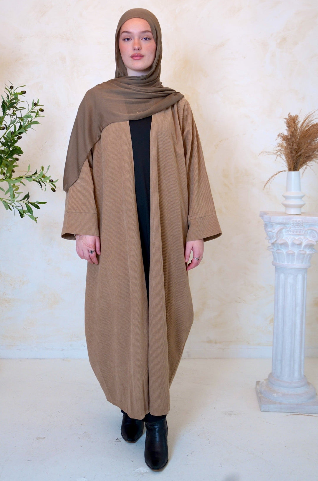 Khaki Corduroy Open Front Abaya-CLEARANCE