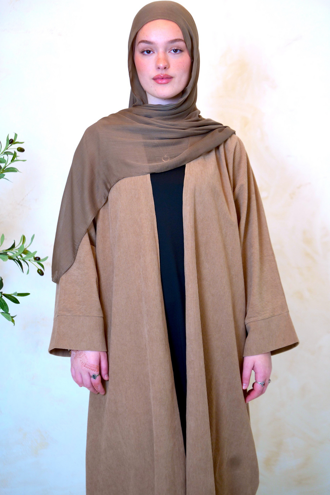 Khaki Corduroy Open Front Abaya-CLEARANCE