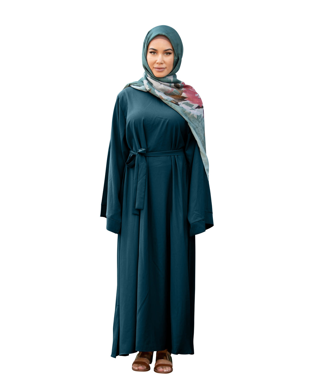 Teal Maxi Dress with Kimono Sleeves and Floral Hijab, featuring a fabric tie belt