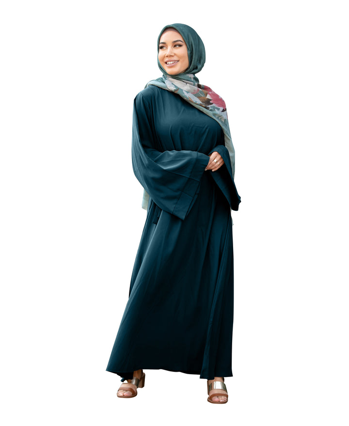 Elegant teal abaya with floral hijab and fabric tie belt in kimono sleeve maxi dress