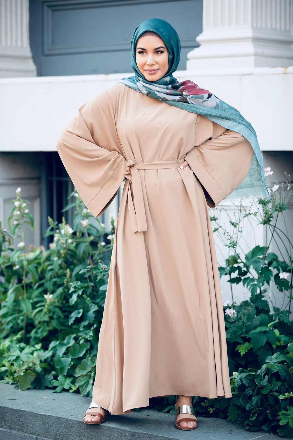 Tan Kimono Long Sleeve Maxi Dress with wide sleeves for a stylish look