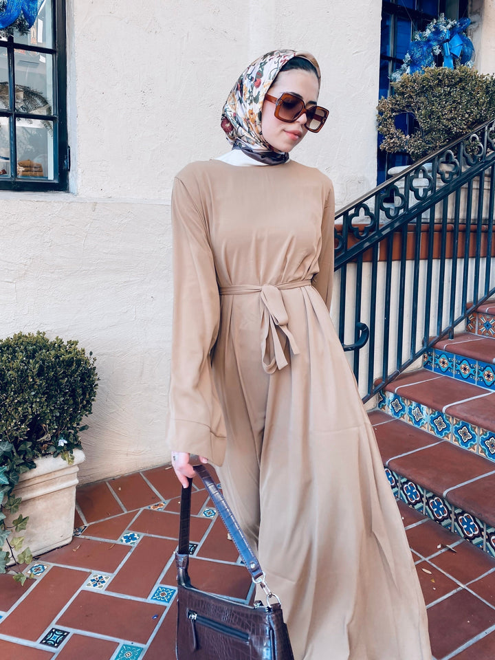 Tan Kimono Long Sleeve Maxi Dress with fabric tie belt and matching headscarf