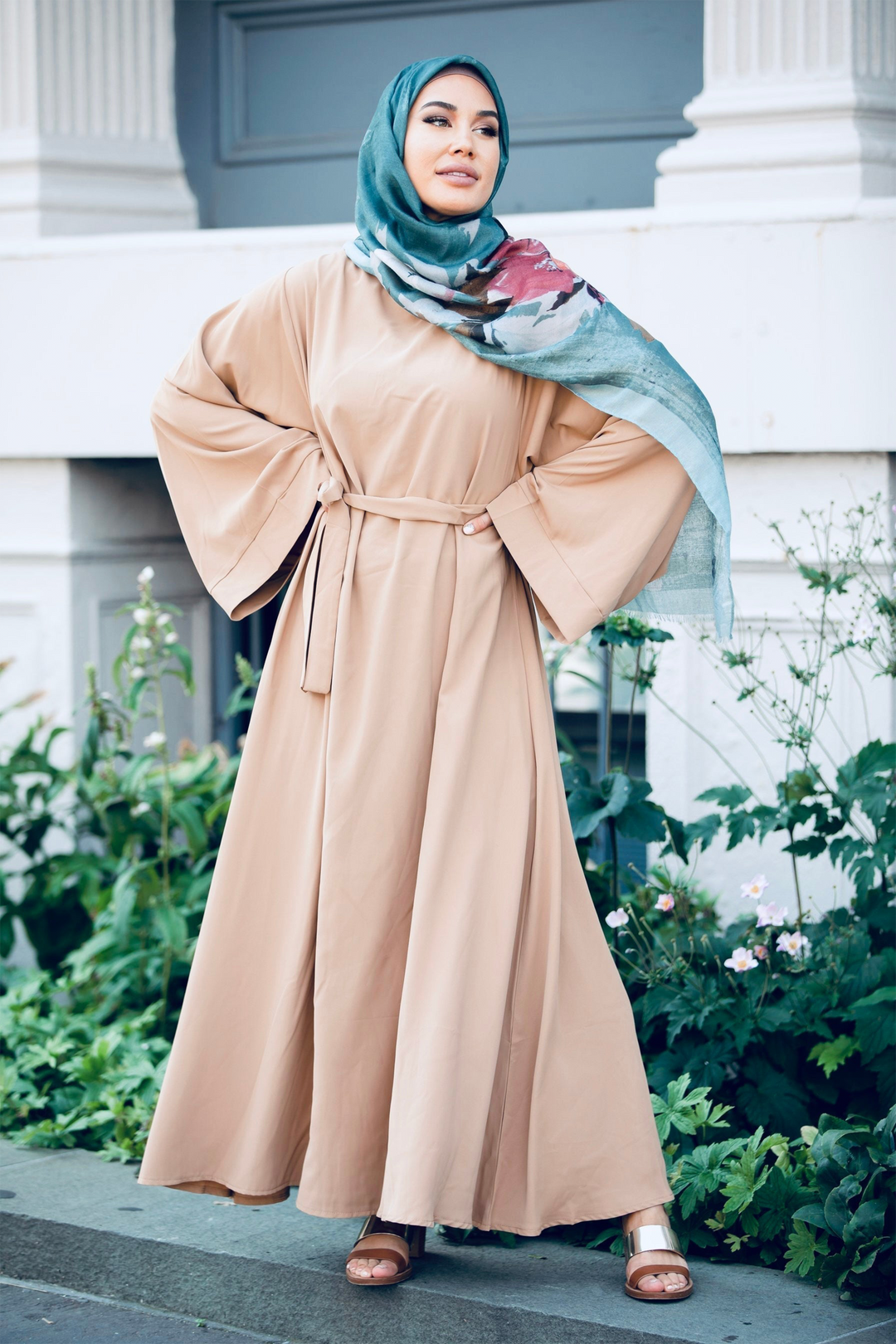 Tan Kimono Long Sleeve Maxi Dress with bell sleeves and fabric tie belt, featuring a patterned hijab