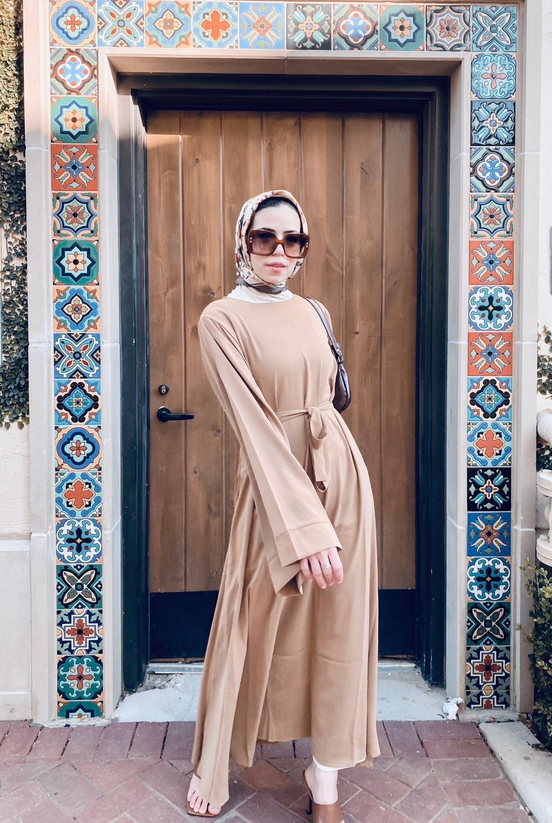 Tan Kimono Long Sleeve Maxi Dress with headscarf and fabric tie belt detail